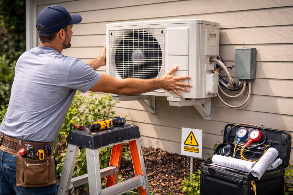 HVAC technician installing an outdoor ductless mini-split AC unit on a home for efficient cooling and indoor comfort.