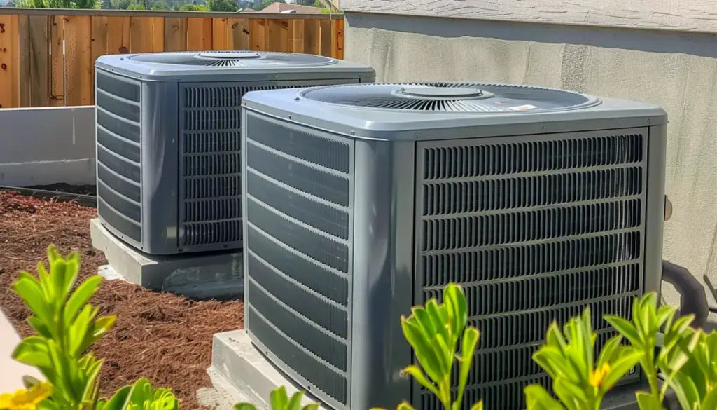 Two outdoor HVAC cooling units installed beside a home for efficient heating and cooling system performance.
