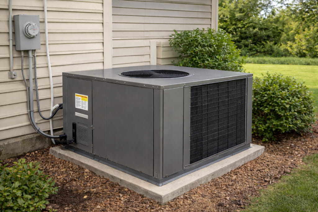Outdoor packaged HVAC unit installed beside a home to provide reliable heating, cooling, and year-round comfort.