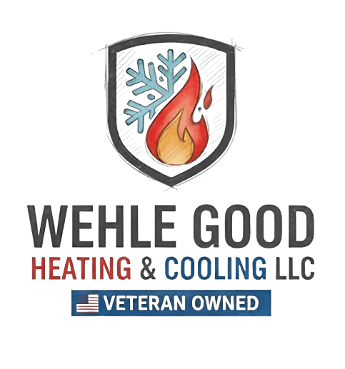 Wehle Good Heating and Cooling LLC logo featuring a flame, snowflake, and veteran owned badge for heating and cooling services.